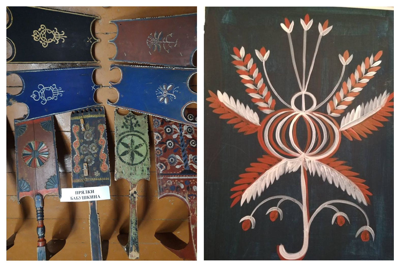 Прялки из фондов Тотемского музейного объединения. Реконструкция элемента леденгской росписи. Фото авторов проекта